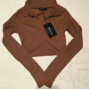 Chocolate soft ribbed collar long sleeve crop top
